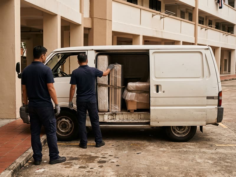 A few large wrapped pieces being loaded into a van at an HDB carpark