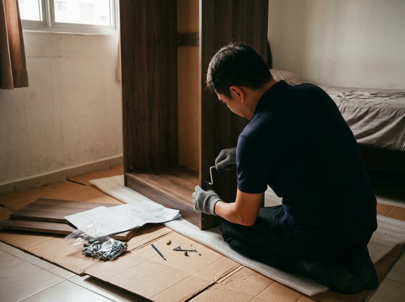 A mover kneeling on protected flooring assembling a flat-pack wardrobe