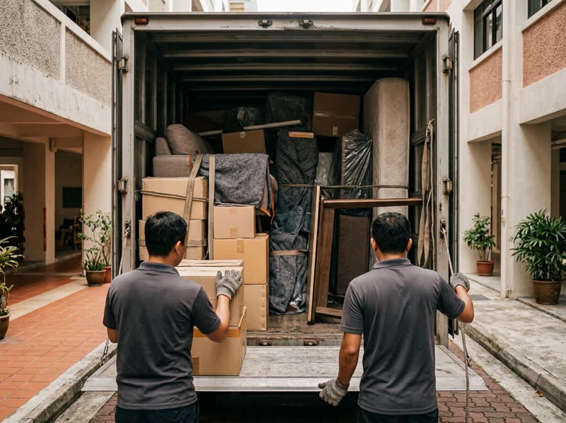 A lorry packed with a full room of wrapped furniture at an HDB block