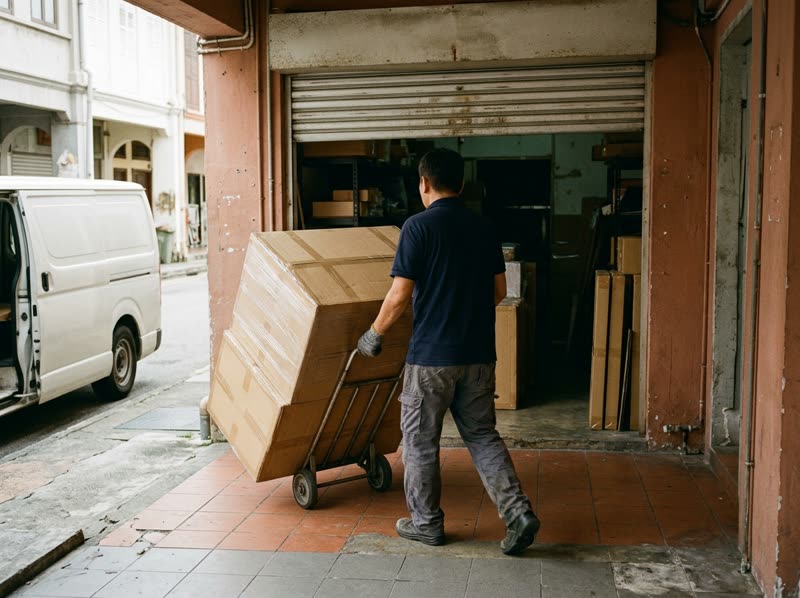 A mover wheeling wrapped furniture cartons on a trolley into a Singapore shopfront